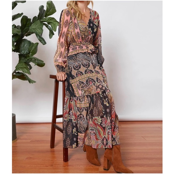 Boho Floral paisley Print Surplice Long Sleeve Maxi Dress - Picture 3 of 5